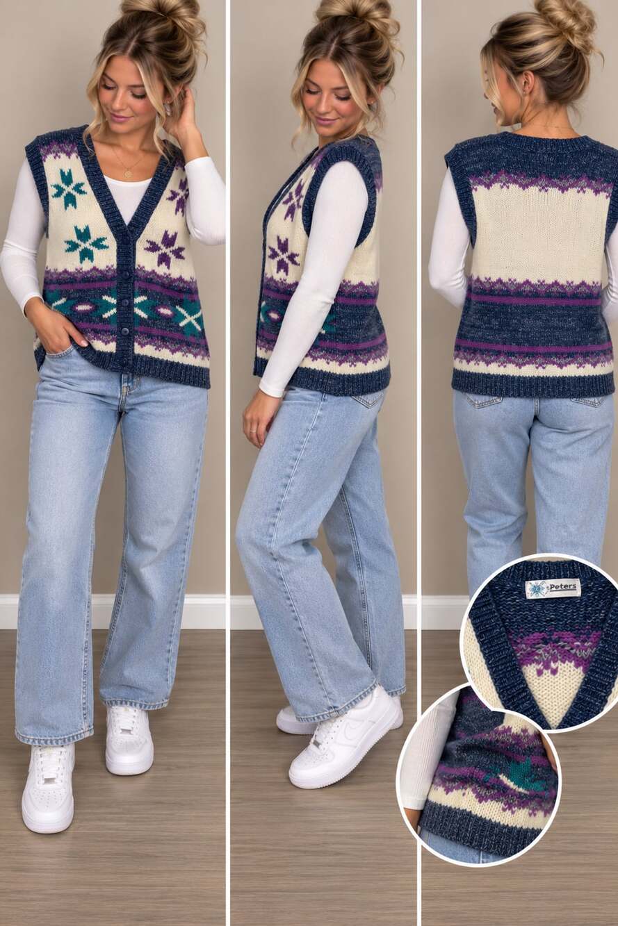 Gina Peters Patterned Knit Sweater Vest Size S White Purple